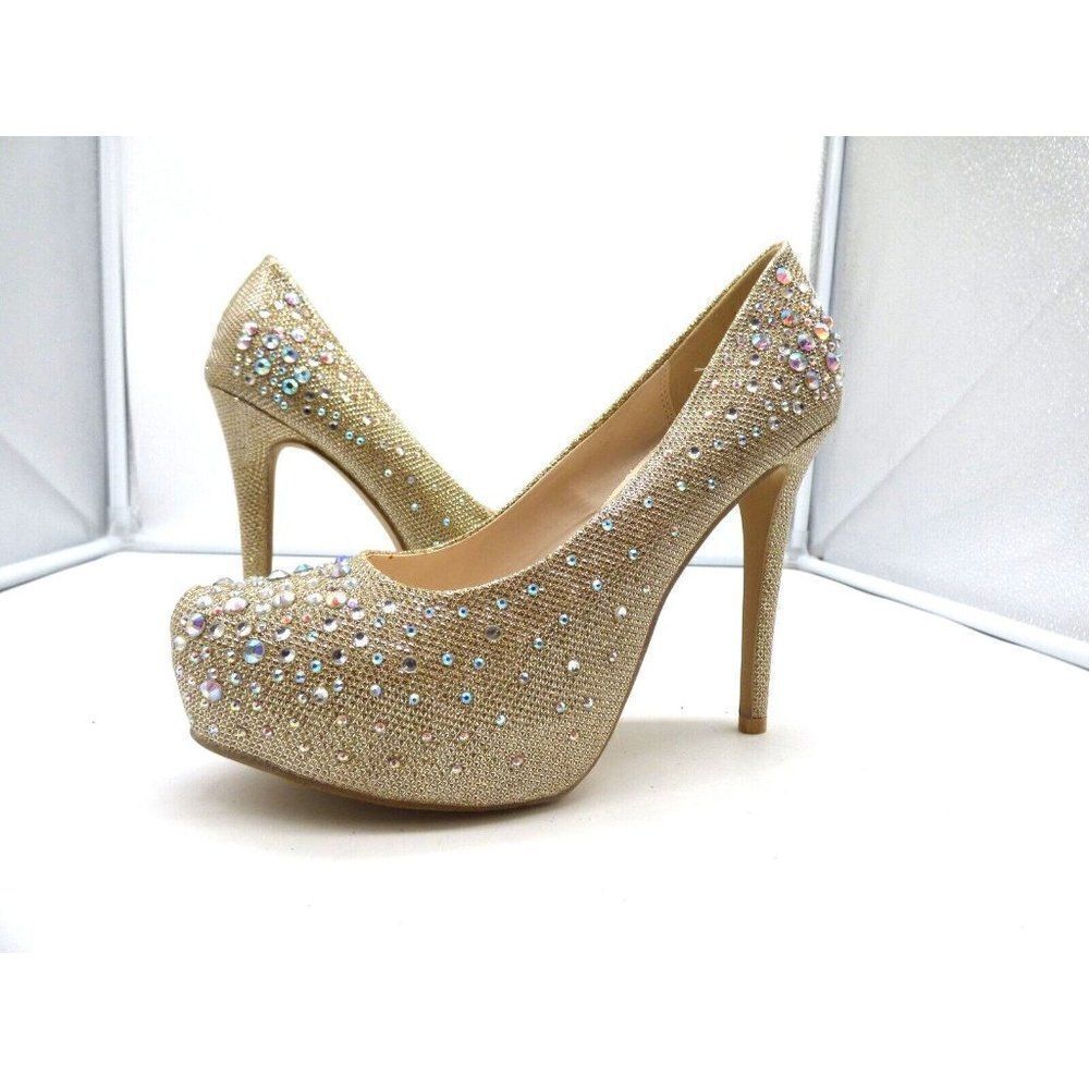 Silver Dew Crystal Rhinestone Platform Pumps, Gold, Size 8.5